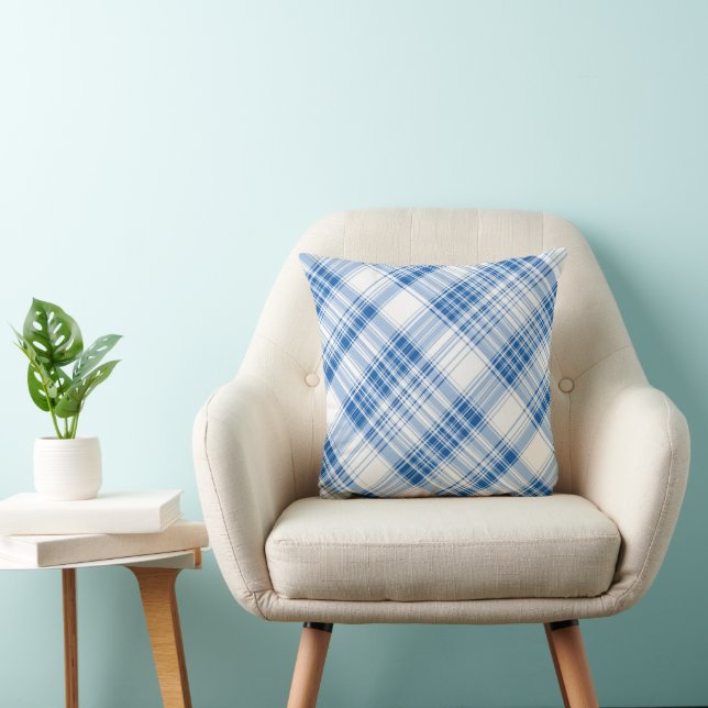 Blå och vit Gingham Play Stripe Mönster Kudde (Stol)