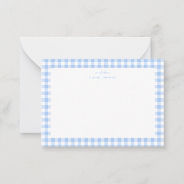 Blå och vit gingham pojk-kort anteckningskort (Framsida)
