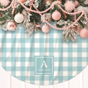 Blå Och Vit Gingham Rutig Monogram Julgransmatta Borstad Polyester