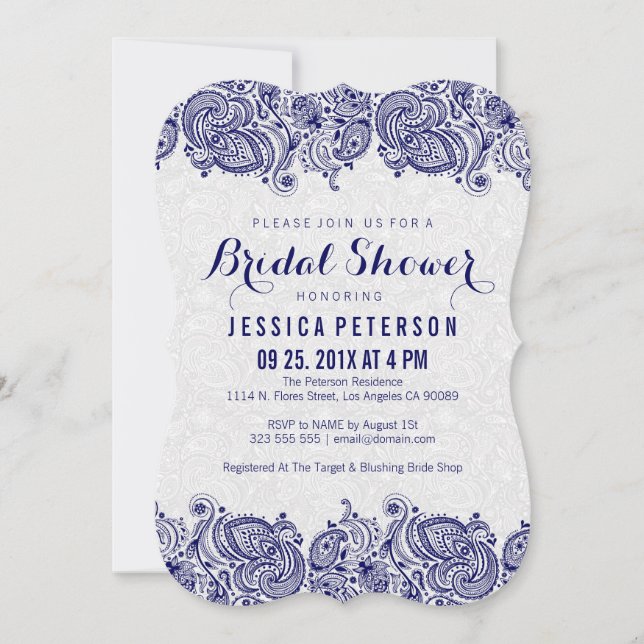 Blå och vit Girly Paisley Snöre Inbjudningar (Framsida)