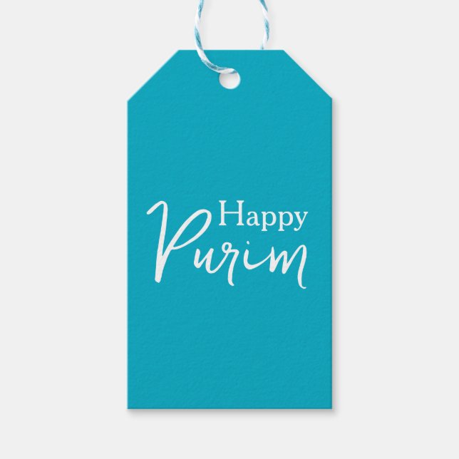 Blå och vit glad Purim-gåva etikett (Framsidan)