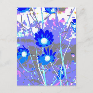 Blå och vit grafisk bild av blomfoto inverterad vykort