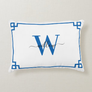 Blå och vit grekisk Nyckel monogrammad Prydnadskudde