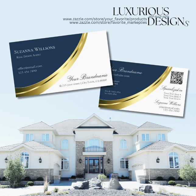 Blå och vit Guld-dekoration med QR-kodSnyggt Visitkort (Skapare uppladdad)