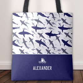 Blå och vit haj Mönster med Namn Boy Tygkasse