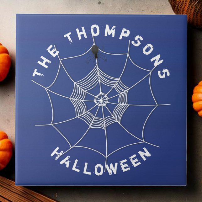 Blå och vit Halloween-Anpassningsbar Kakelplatta (Spooky Halloween blue and white spider web custom tile)