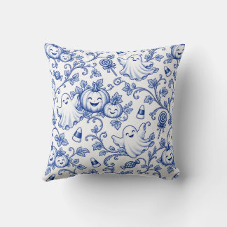 Blå och vit Halloween Toile-mönster söta spöken Kudde