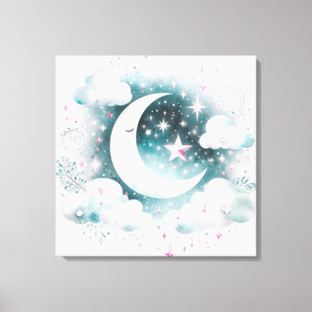 Blå och vit halvmåne Celestial Boho Modern Canvastryck (Framsida)