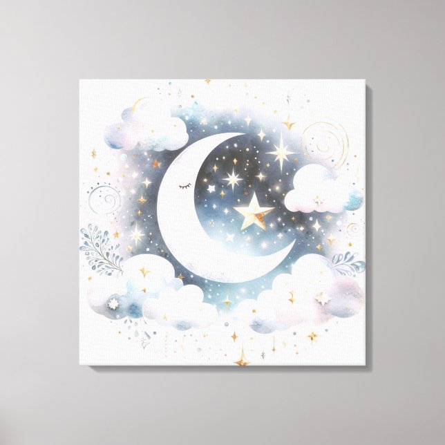 Blå och vit halvmåne Celestial Boho Modern Canvastryck (Framsida)