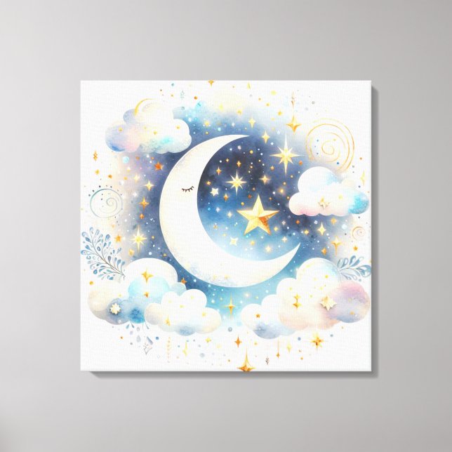 Blå och vit halvmåne Celestial Boho Modern Canvastryck (Framsida)