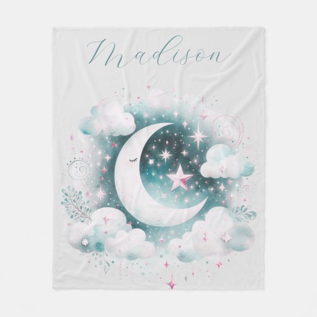 Blå och vit halvmåne Celestial Boho Modern Fleecefilt (Framsidan)