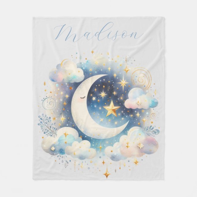 Blå och vit halvmåne Celestial Boho Modern Fleecefilt (Framsidan)