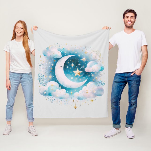 Blå och vit halvmåne Celestial Boho Modern Fleecefilt (På plats)