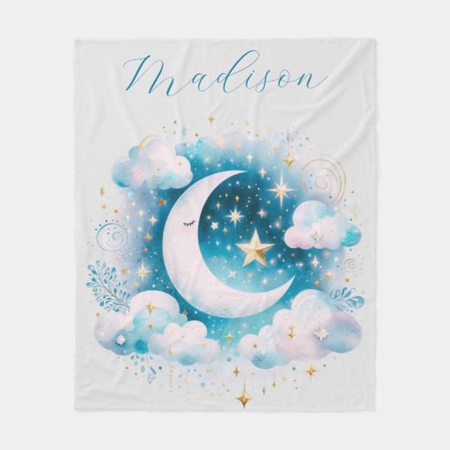Blå och vit halvmåne Celestial Boho Modern Fleecefilt (Framsidan)
