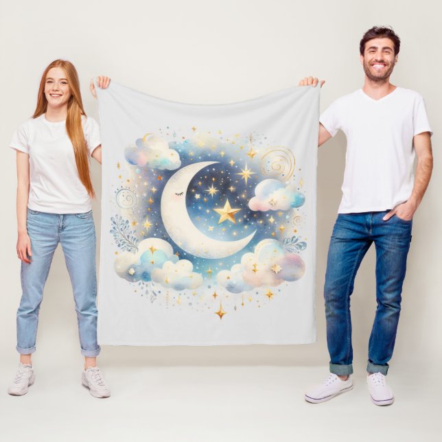 Blå och vit halvmåne Celestial Boho Modern Fleecefilt (På plats)