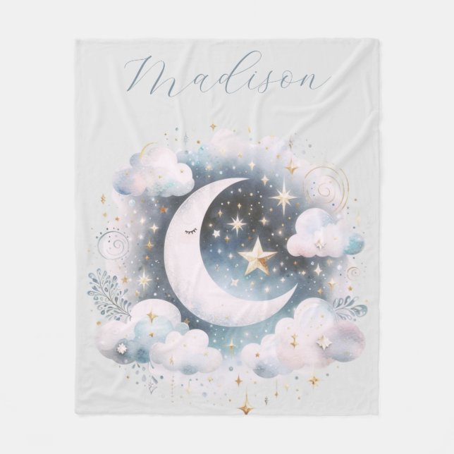 Blå och vit halvmåne Celestial Boho Modern Fleecefilt (Framsidan)