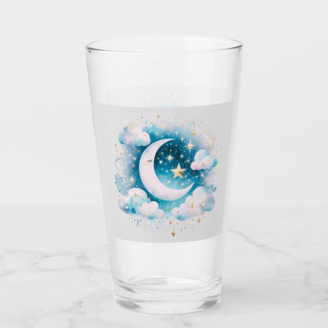Blå och vit halvmåne Celestial Boho Modern Glaskopp (Framsida)