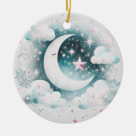 Blå och vit halvmåne Celestial Boho Modern Julgransprydnad Keramik