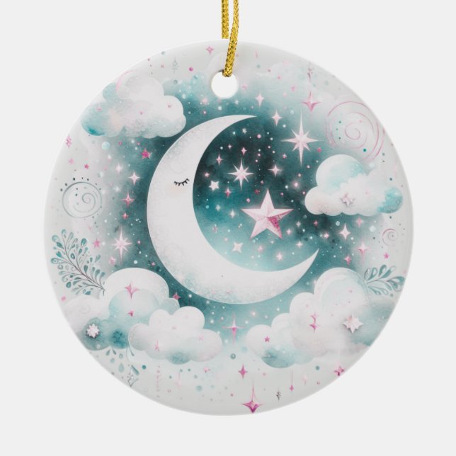 Blå och vit halvmåne Celestial Boho Modern Julgransprydnad Keramik (Framsidan)