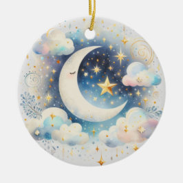 Blå och vit halvmåne Celestial Boho Modern Julgransprydnad Keramik