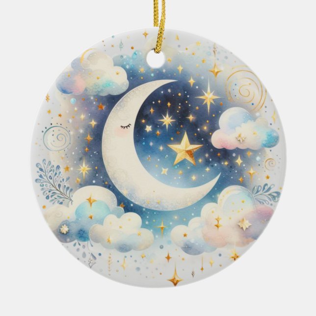 Blå och vit halvmåne Celestial Boho Modern Julgransprydnad Keramik (Framsidan)