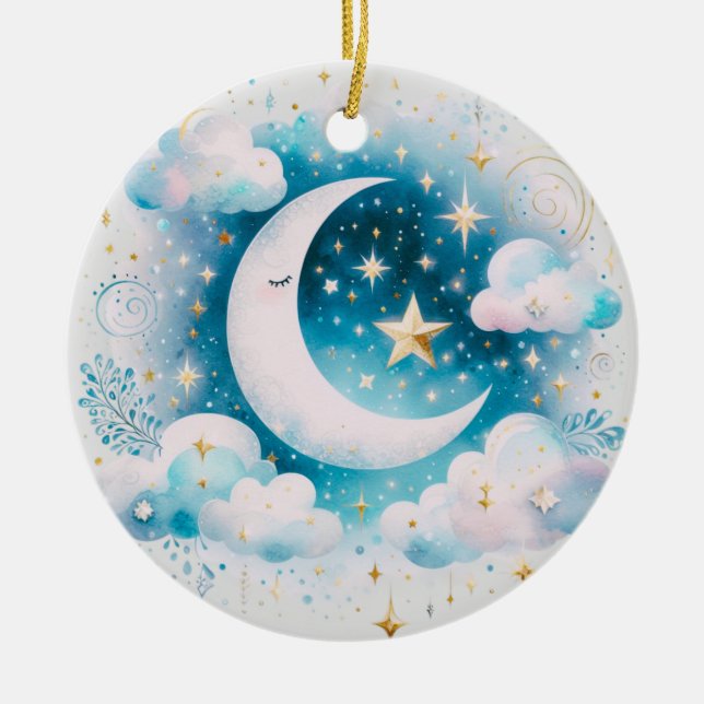 Blå och vit halvmåne Celestial Boho Modern Julgransprydnad Keramik (Framsidan)