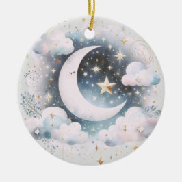 Blå och vit halvmåne Celestial Boho Modern Julgransprydnad Keramik