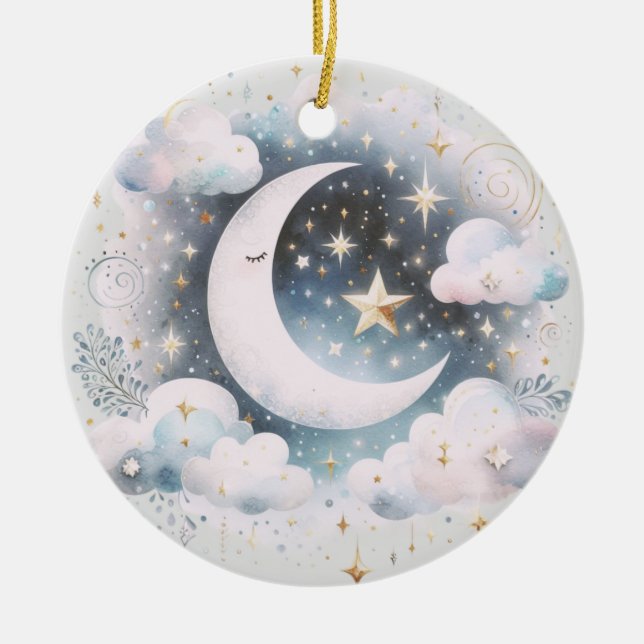 Blå och vit halvmåne Celestial Boho Modern Julgransprydnad Keramik (Framsidan)