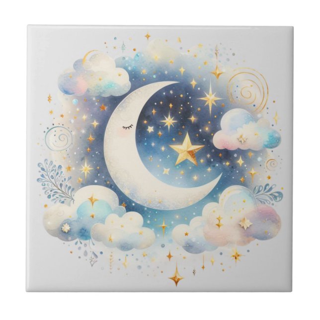 Blå och vit halvmåne Celestial Boho Modern Kakelplatta (Framsidan)