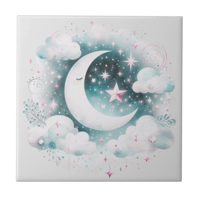 Blå och vit halvmåne Celestial Boho Modern Kakelplatta (Framsidan)