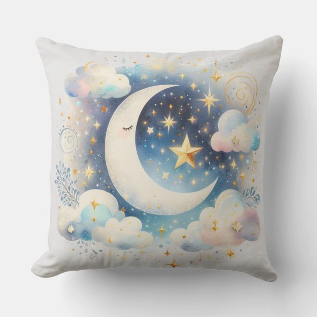Blå och vit halvmåne Celestial Boho Modern Kudde (Framsida)