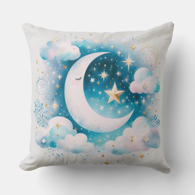 Blå och vit halvmåne Celestial Boho Modern Kudde (Framsida)