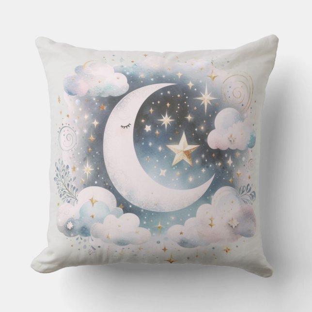 Blå och vit halvmåne Celestial Boho Modern Kudde (Framsida)