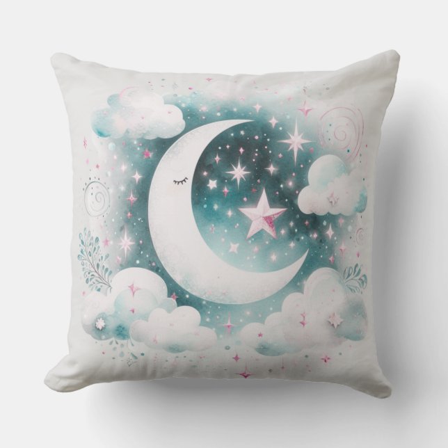 Blå och vit halvmåne Celestial Boho Modern Kudde (Framsida)