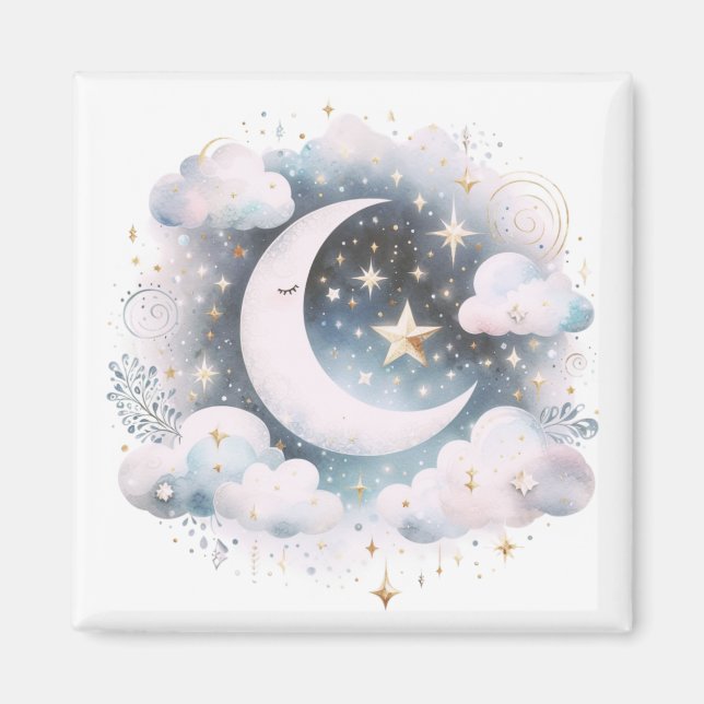 Blå och vit halvmåne Celestial Boho Modern Magnet (Framsidan)