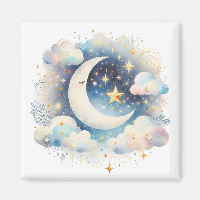 Blå och vit halvmåne Celestial Boho Modern Magnet (Framsidan)