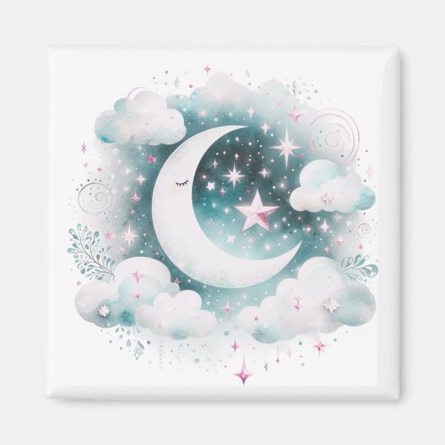 Blå och vit halvmåne Celestial Boho Modern Magnet (Framsidan)