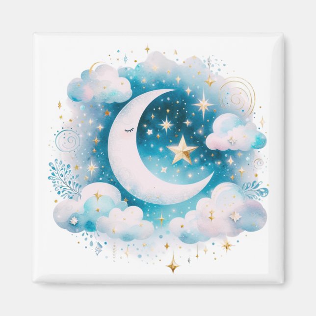 Blå och vit halvmåne Celestial Boho Modern Magnet (Framsidan)