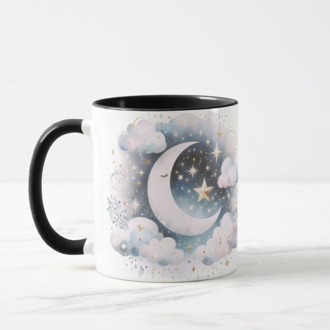 Blå och vit halvmåne Celestial Boho Modern Mugg (Vänster)