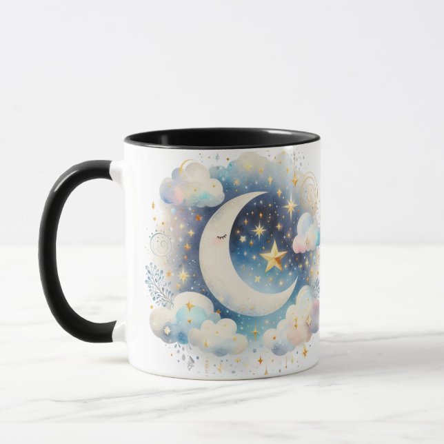 Blå och vit halvmåne Celestial Boho Modern Mugg (Vänster)