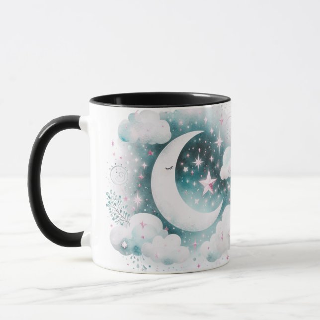 Blå och vit halvmåne Celestial Boho Modern Mugg (Vänster)