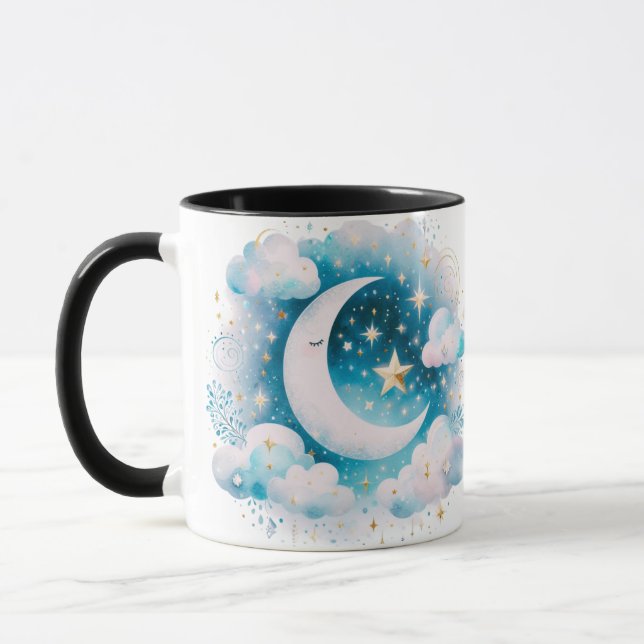 Blå och vit halvmåne Celestial Boho Modern Mugg (Vänster)