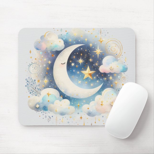 Blå och vit halvmåne Celestial Boho Modern Musmatta (Med mus)