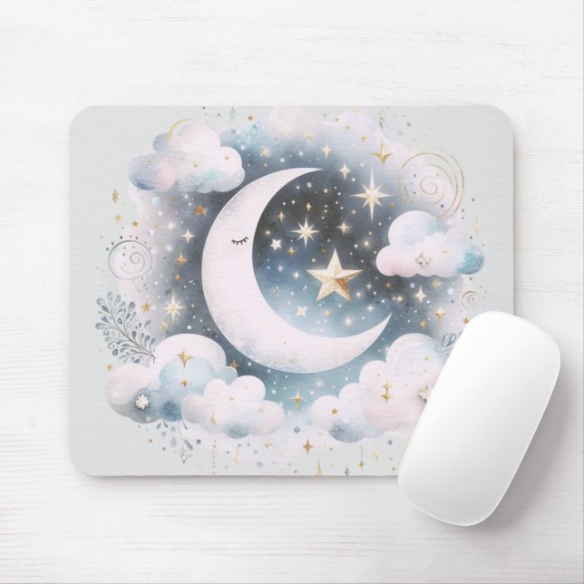 Blå och vit halvmåne Celestial Boho Modern Musmatta (Med mus)