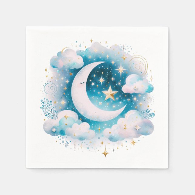 Blå och vit halvmåne Celestial Boho Modern Pappersservett (Framsidan)