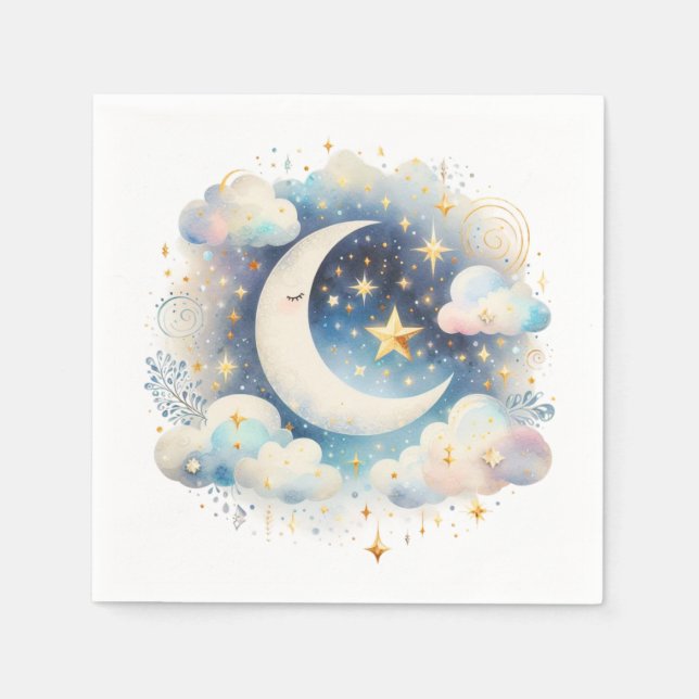 Blå och vit halvmåne Celestial Boho Modern Pappersservett (Framsidan)