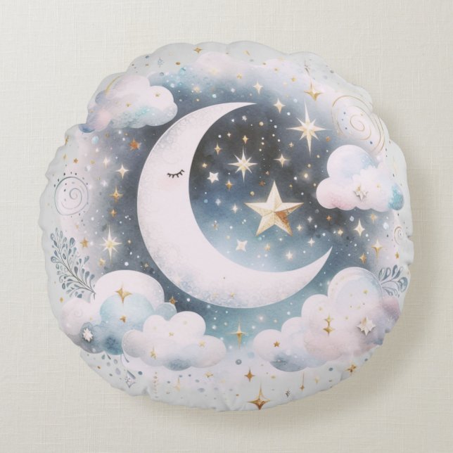 Blå och vit halvmåne Celestial Boho Modern Rund Kudde (Framsidan)