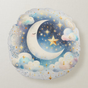 Blå och vit halvmåne Celestial Boho Modern Rund Kudde