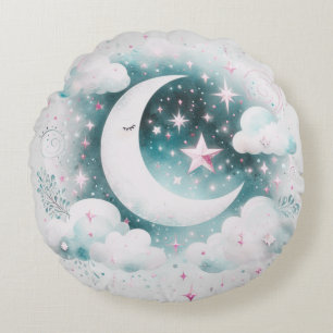 Blå och vit halvmåne Celestial Boho Modern Rund Kudde