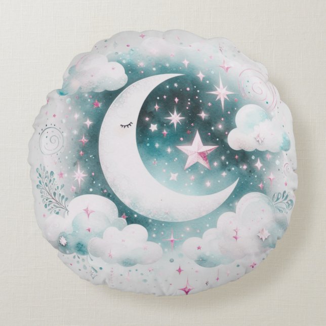 Blå och vit halvmåne Celestial Boho Modern Rund Kudde (Framsidan)